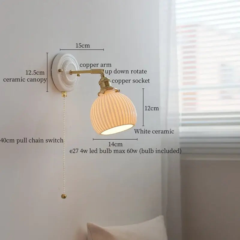 Vintage cream ribbed glass ceramic led wall lamp with brass copper arm for elegant bedroom decorbites ceramic led wall lighting