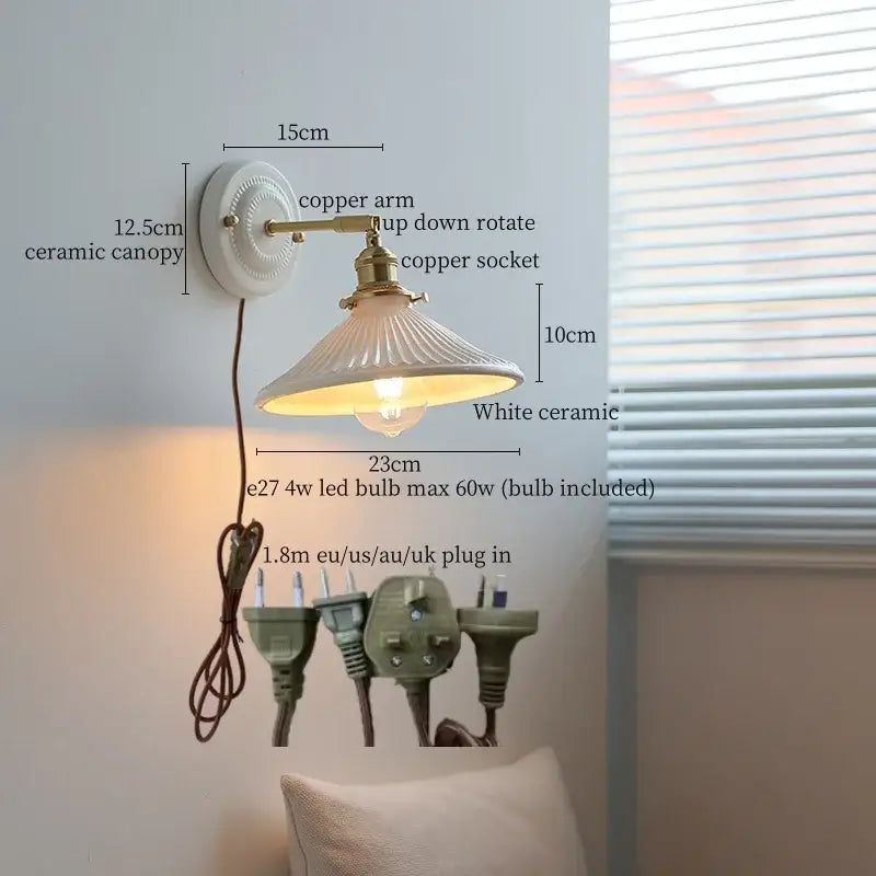 Vintage cream ribbed ceramic led wall lamp with a white ceramic sconce and brass copper arm for decorbites ceramic led decor