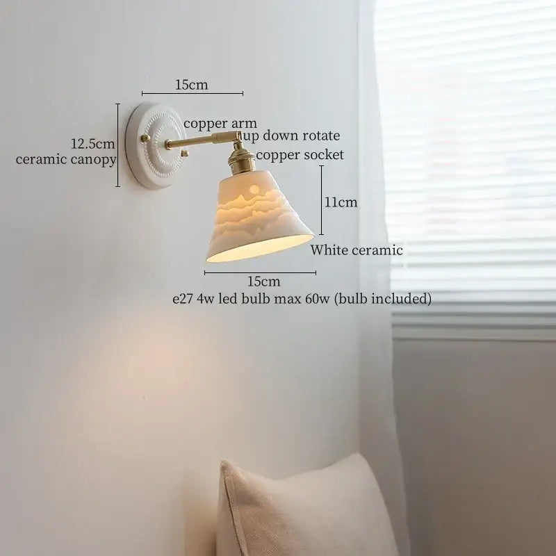 Vintage cream ribbed glass ceramic led wall lamp with white ceramic sconce and copper arm for bedroom decorbites ceramic led wall lighting