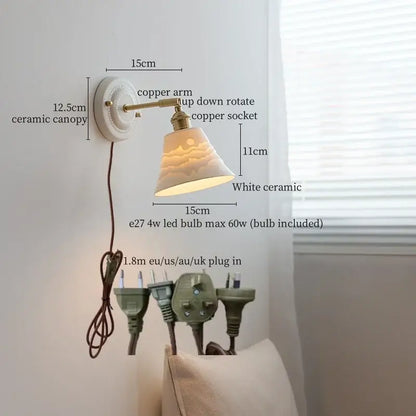 Vintage cream ribbed glass ceramic led wall lamp with white ceramic bell shade and copper arm for elegant decorbites ceramic led wall lighting