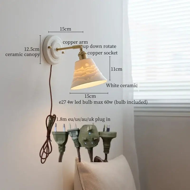 Vintage cream ribbed glass ceramic led wall lamp with white ceramic bell shade and copper arm for elegant decorbites ceramic led wall lighting