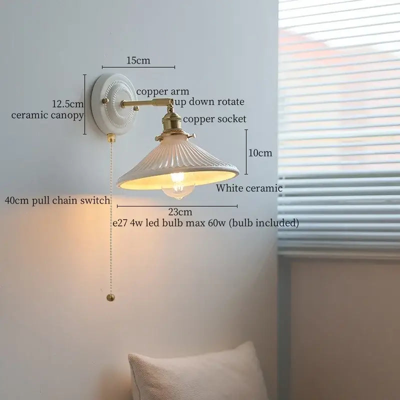 Vintage cream ribbed glass ceramic led wall lamp with white fluted ceramic shade and brass-finished arm for bedroom decorbites ceramic led