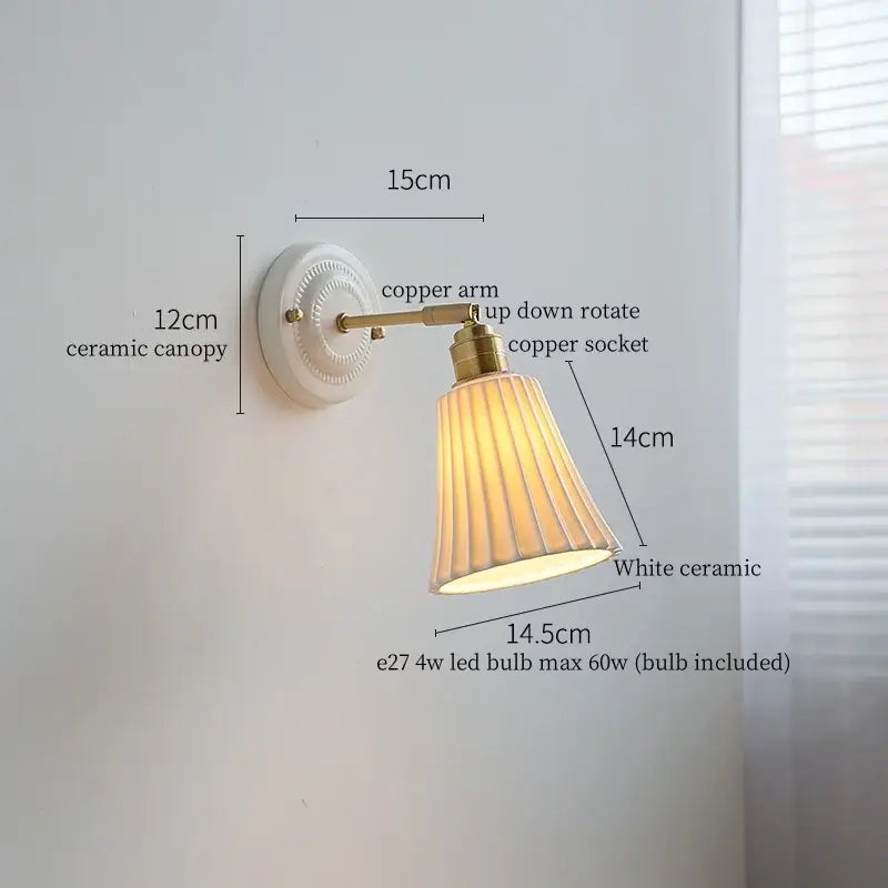 Vintage cream ribbed glass ceramic led wall lamp with white ceramic wall sconce and brass-finished copper arm decorbites ceramic led