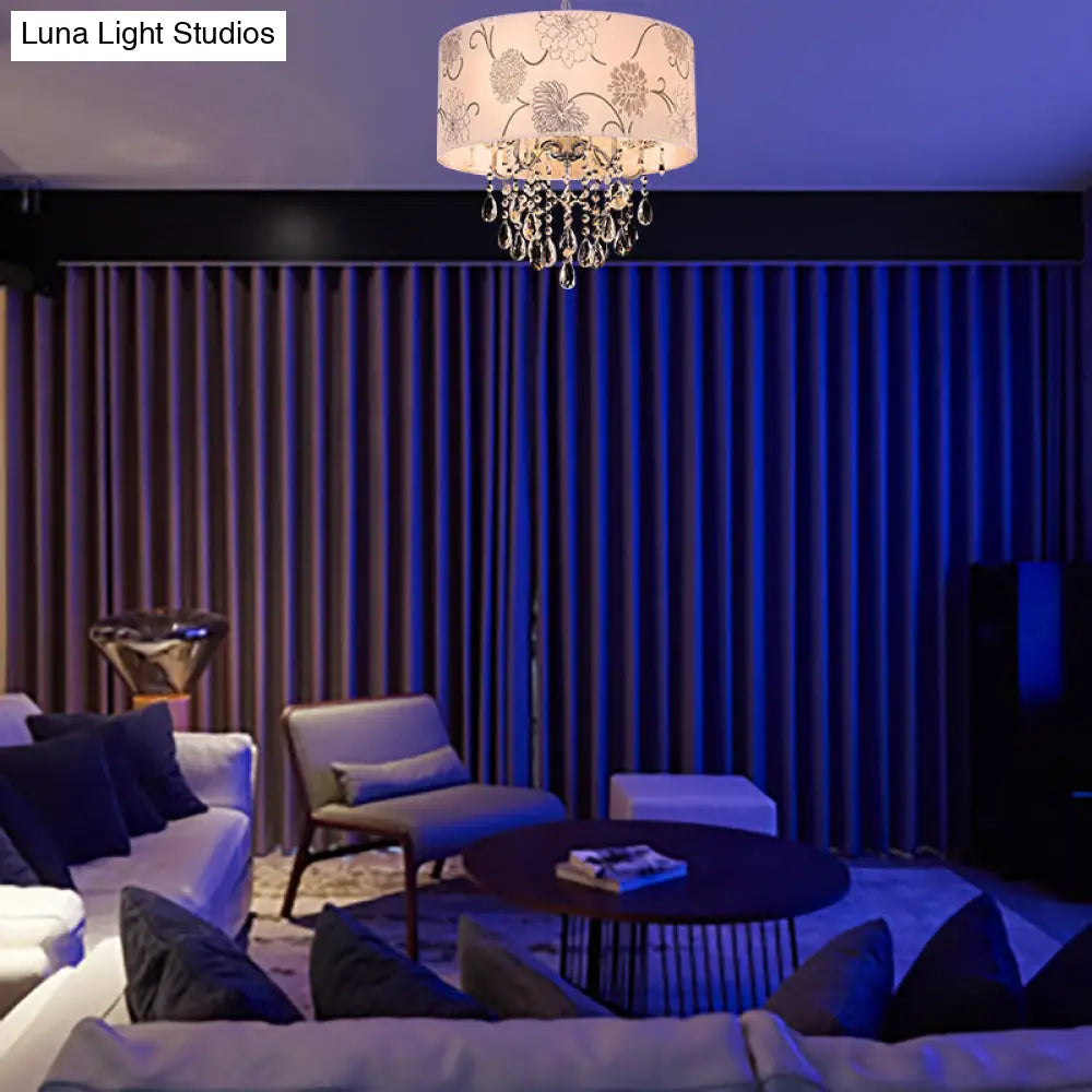 Lámpara de araña vintage de cristal de 5 luces con estampado floral - Pantalla de tela estampada, acabado cromado