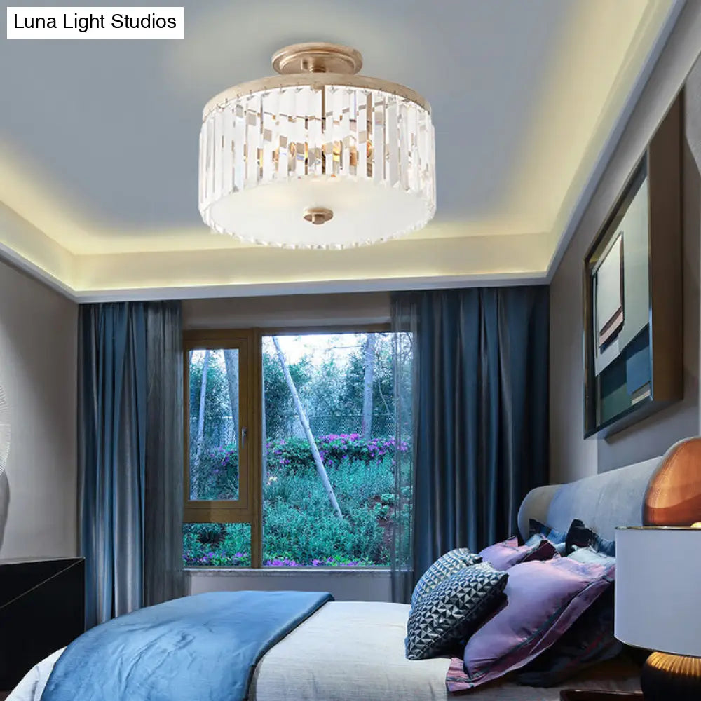 Vintage Crystal Block Ceiling Light with Clear Crystal Design - 3 Lights, Semi Flush Mount for Bedroom Drum Styling