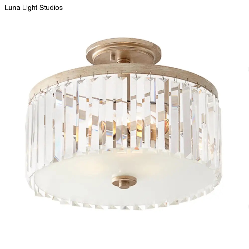 Vintage Crystal Block Ceiling Light with Clear Crystal Design - 3 Lights, Semi Flush Mount for Bedroom Drum Styling