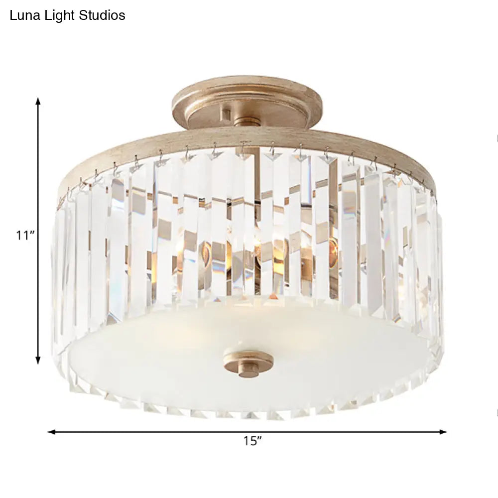 Vintage Crystal Block Ceiling Light with Clear Crystal Design - 3 Lights, Semi Flush Mount for Bedroom Drum Styling