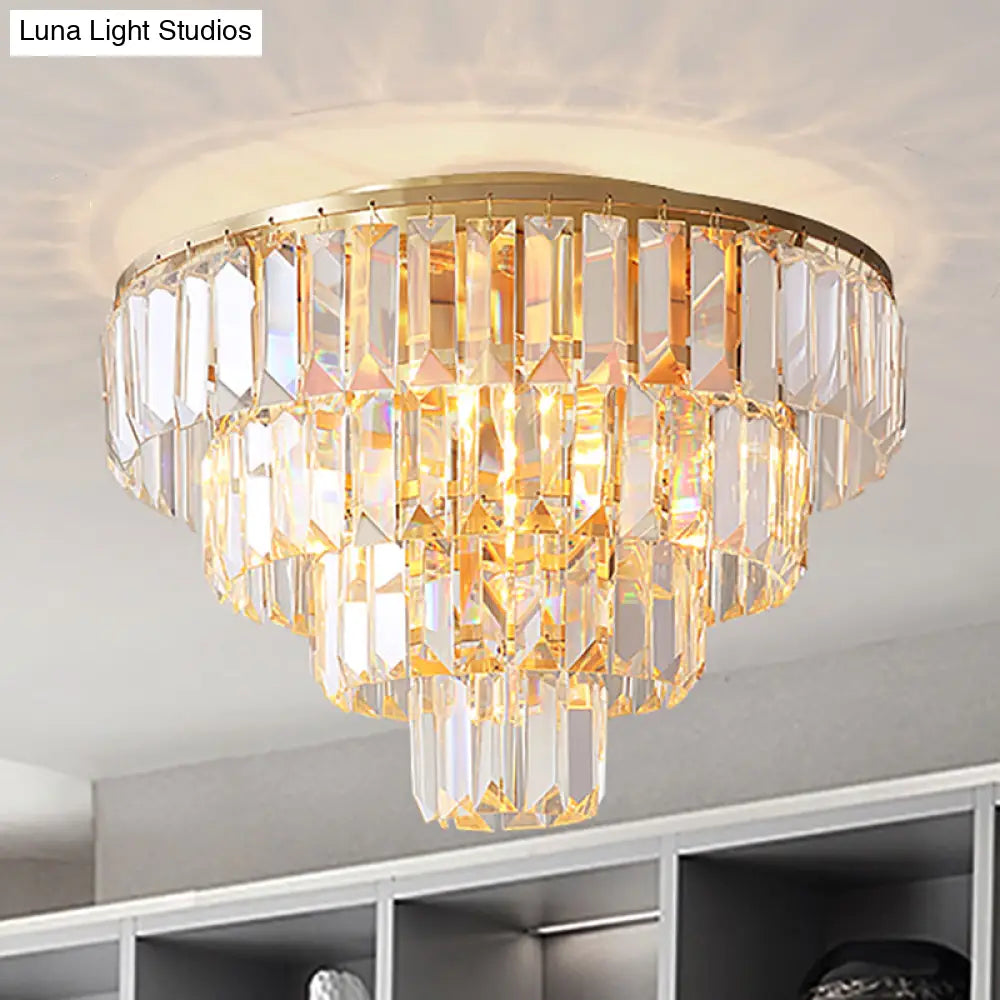 Vintage Crystal Block Flush Mount Lamp - 16"/19.5" Dia, 5/6 Heads, Gold Finish