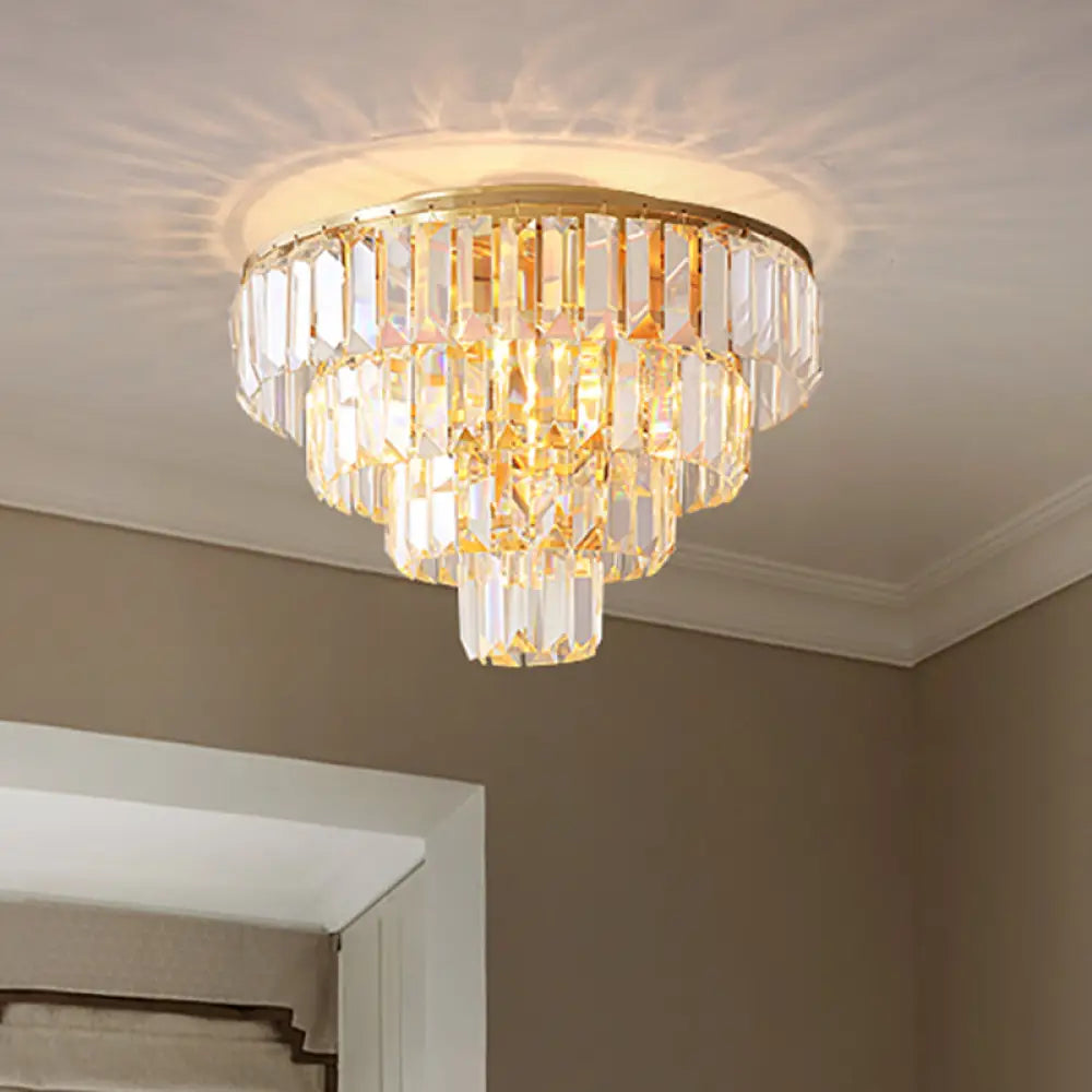 Vintage Crystal Block Flush Mount Lamp - 16"/19.5" Dia, 5/6 Heads, Gold Finish