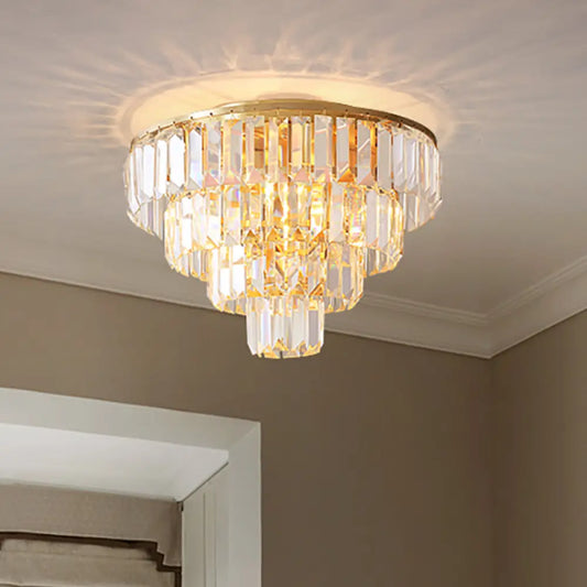 Vintage Crystal Block Flush Mount Lamp - 16"/19.5" Dia, 5/6 Heads, Gold Finish