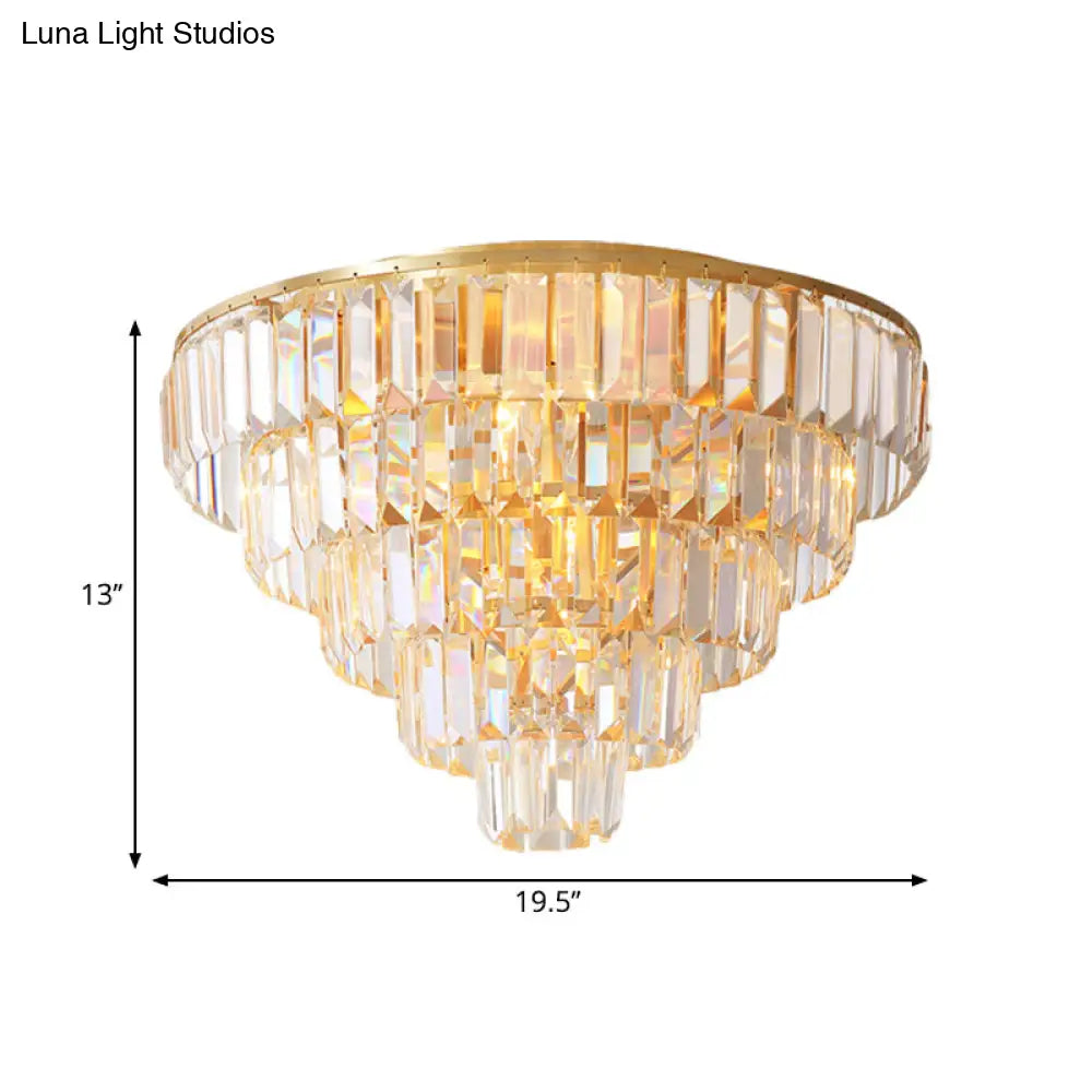 Vintage Crystal Block Flush Mount Lamp - 16"/19.5" Dia, 5/6 Heads, Gold Finish