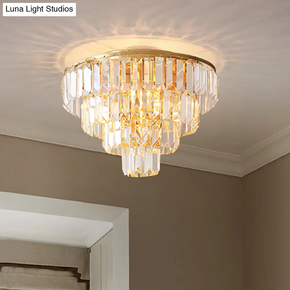 Vintage Crystal Block Flush Mount Lamp - 16"/19.5" Dia, 5/6 Heads, Gold Finish