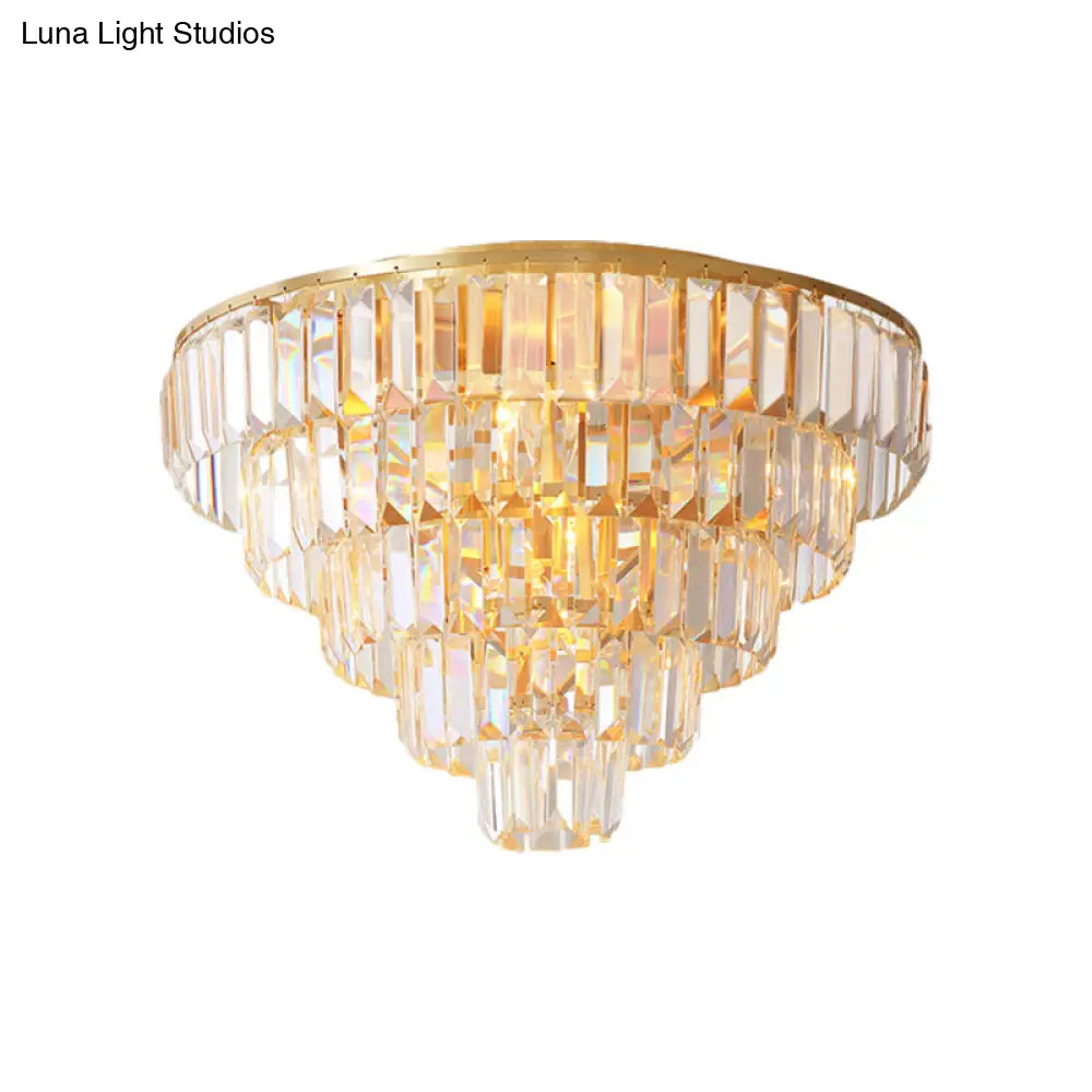 Vintage Crystal Block Flush Mount Lamp - 16"/19.5" Dia, 5/6 Heads, Gold Finish