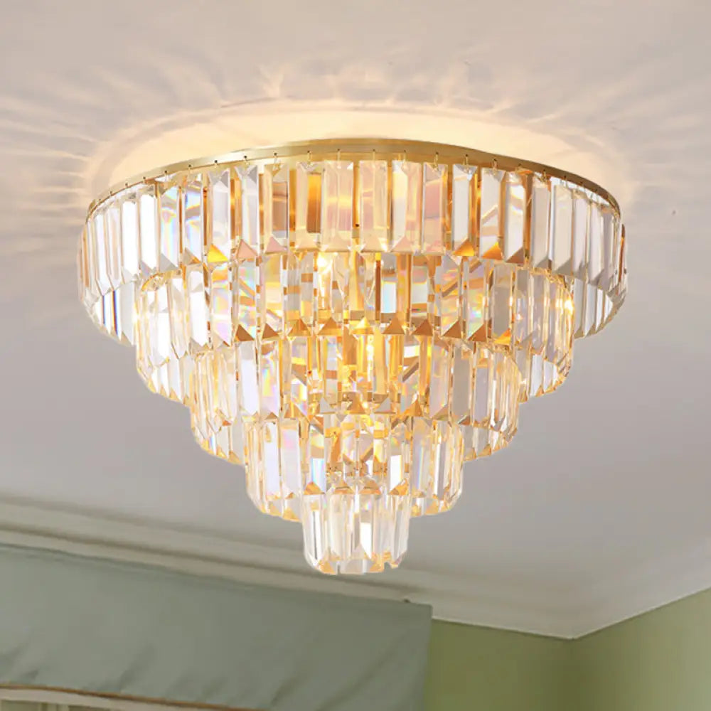 Vintage Crystal Block Flush Mount Lamp - 16"/19.5" Dia, 5/6 Heads, Gold Finish