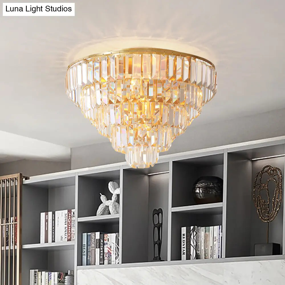 Vintage Crystal Block Flush Mount Lamp - 16"/19.5" Dia, 5/6 Heads, Gold Finish