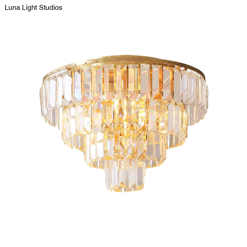Vintage Crystal Block Flush Mount Lamp - 16"/19.5" Dia, 5/6 Heads, Gold Finish
