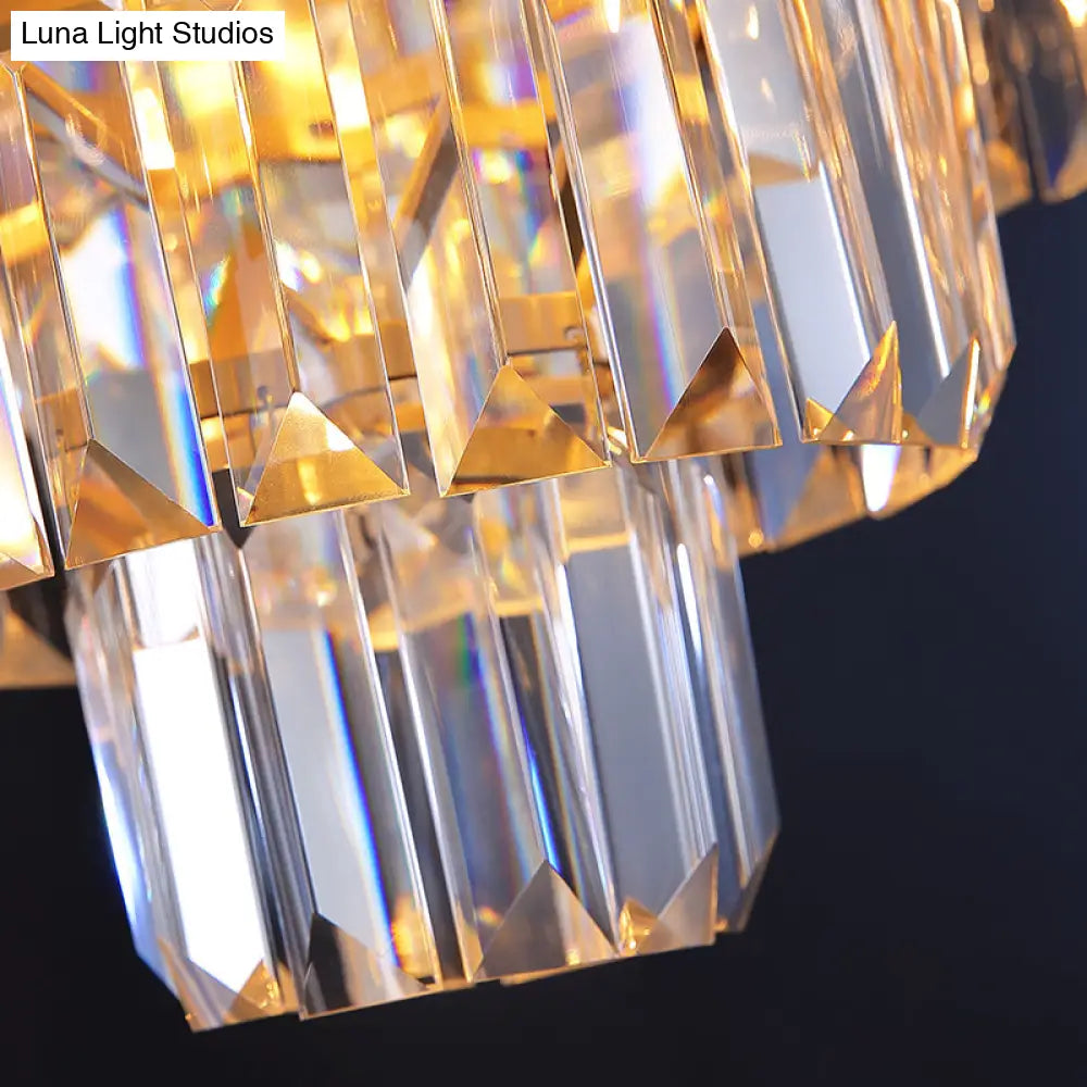 Vintage Crystal Block Flush Mount Lamp - 16"/19.5" Dia, 5/6 Heads, Gold Finish