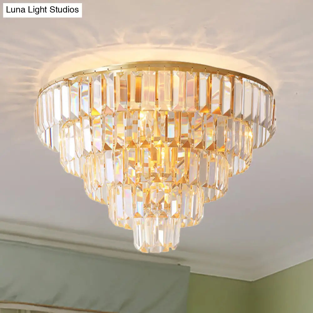 Vintage Crystal Block Flush Mount Lamp - 16"/19.5" Dia, 5/6 Heads, Gold Finish