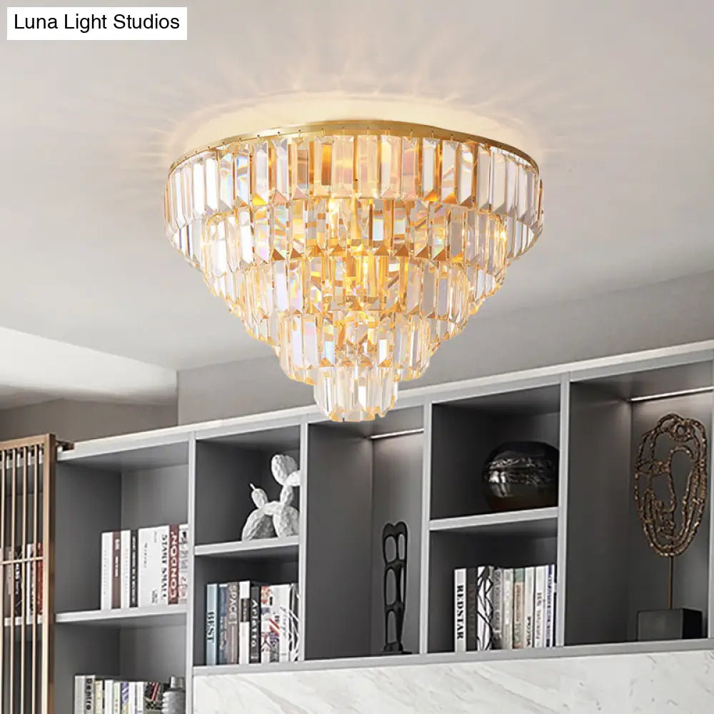 Vintage Crystal Block Flush Mount Lamp - 16"/19.5" Dia, 5/6 Heads, Gold Finish