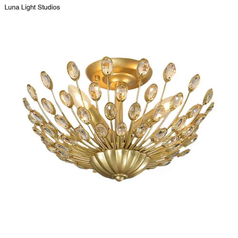 Vintage Crystal Bowl Semi-Flush Ceiling Lamp with Gold Finish for Bedroom - 3 Bulbs