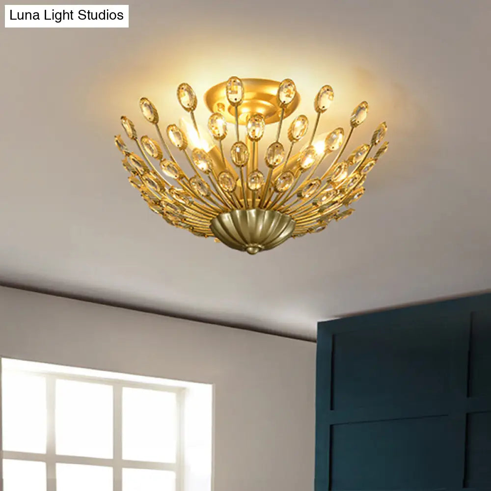 Vintage Crystal Bowl Semi-Flush Ceiling Lamp with Gold Finish for Bedroom - 3 Bulbs