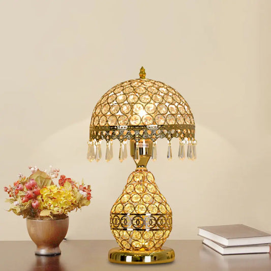 Vintage Crystal Dome Shade Table Night Light with Gold Fringe and Urn Base