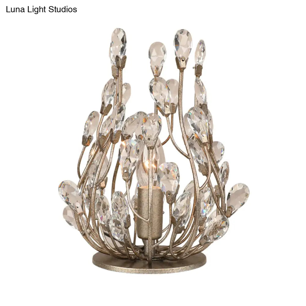 Vintage Crystal Flower Vine Table Lamp with Faceted Gold/Silver Finish - Elegant Hotel Nightstand Lighting