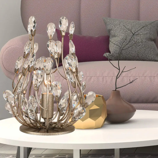 Vintage Crystal Flower Vine Table Lamp with Faceted Gold/Silver Finish - Elegant Hotel Nightstand Lighting