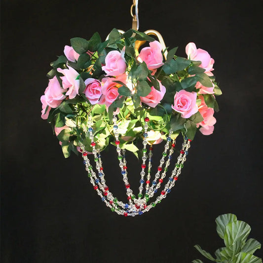 Vintage Crystal Pendant Ceiling Lamp - Green/Pink Beaded with Flower Decoration - Ideal for Restaurant Lighting
