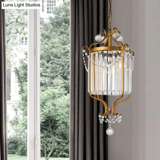 Lámpara colgante de tambor con prisma de cristal vintage - Araña de 3 luces con marco dorado en espiral para sala de estar