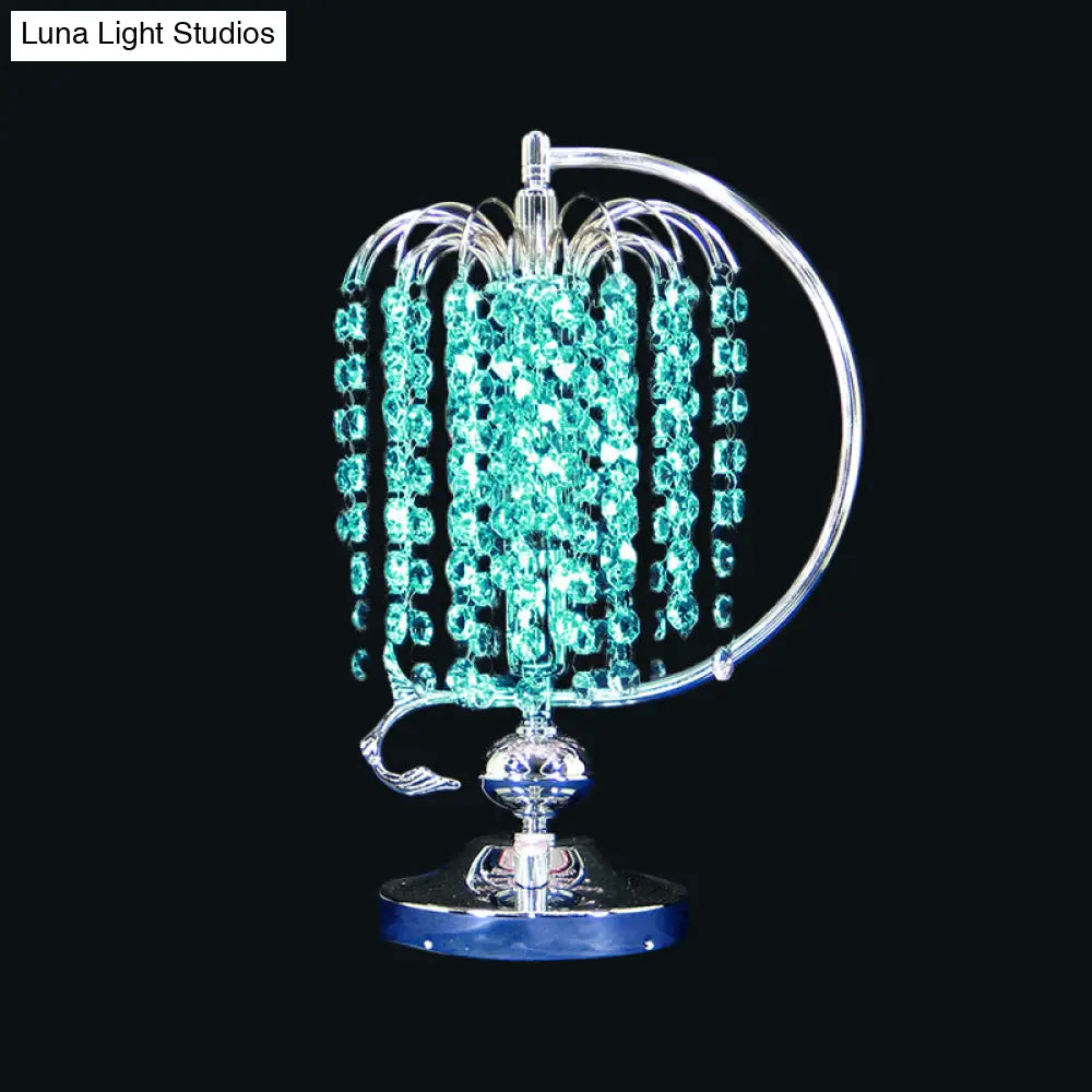 Vintage Crystal Table Lamp: 1-Head Drooping Tassel Night Light in Retro Pink/Yellow/Blue, Polished Chrome C Arm