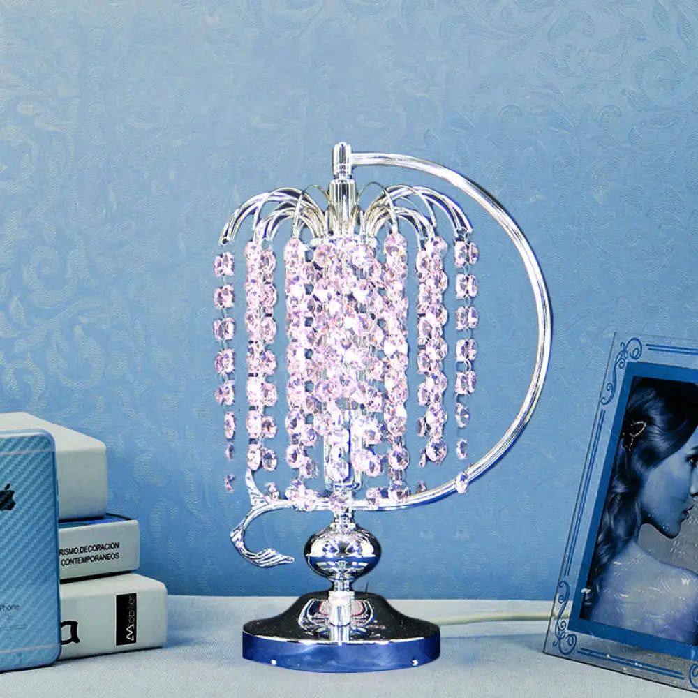 Vintage Crystal Table Lamp: 1-Head Drooping Tassel Night Light in Retro Pink/Yellow/Blue, Polished Chrome C Arm