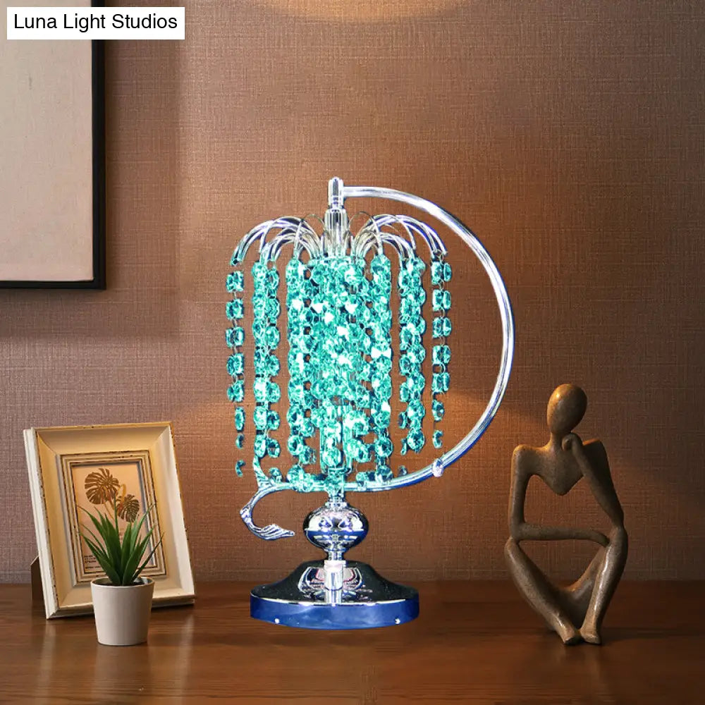 Vintage Crystal Table Lamp: 1-Head Drooping Tassel Night Light in Retro Pink/Yellow/Blue, Polished Chrome C Arm