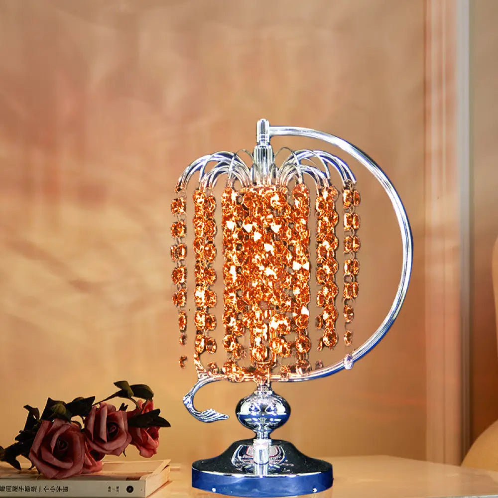 Vintage Crystal Table Lamp: 1-Head Drooping Tassel Night Light in Retro Pink/Yellow/Blue, Polished Chrome C Arm