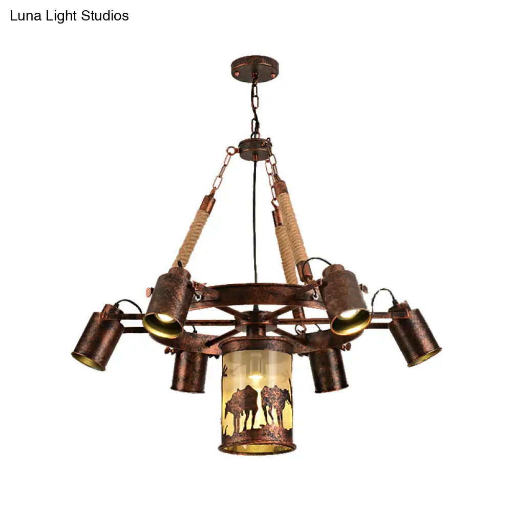 Vintage Cylinder Metal Chandelier - 4/7 Light Pendant in Weathered Copper for Dining Room Lighting
