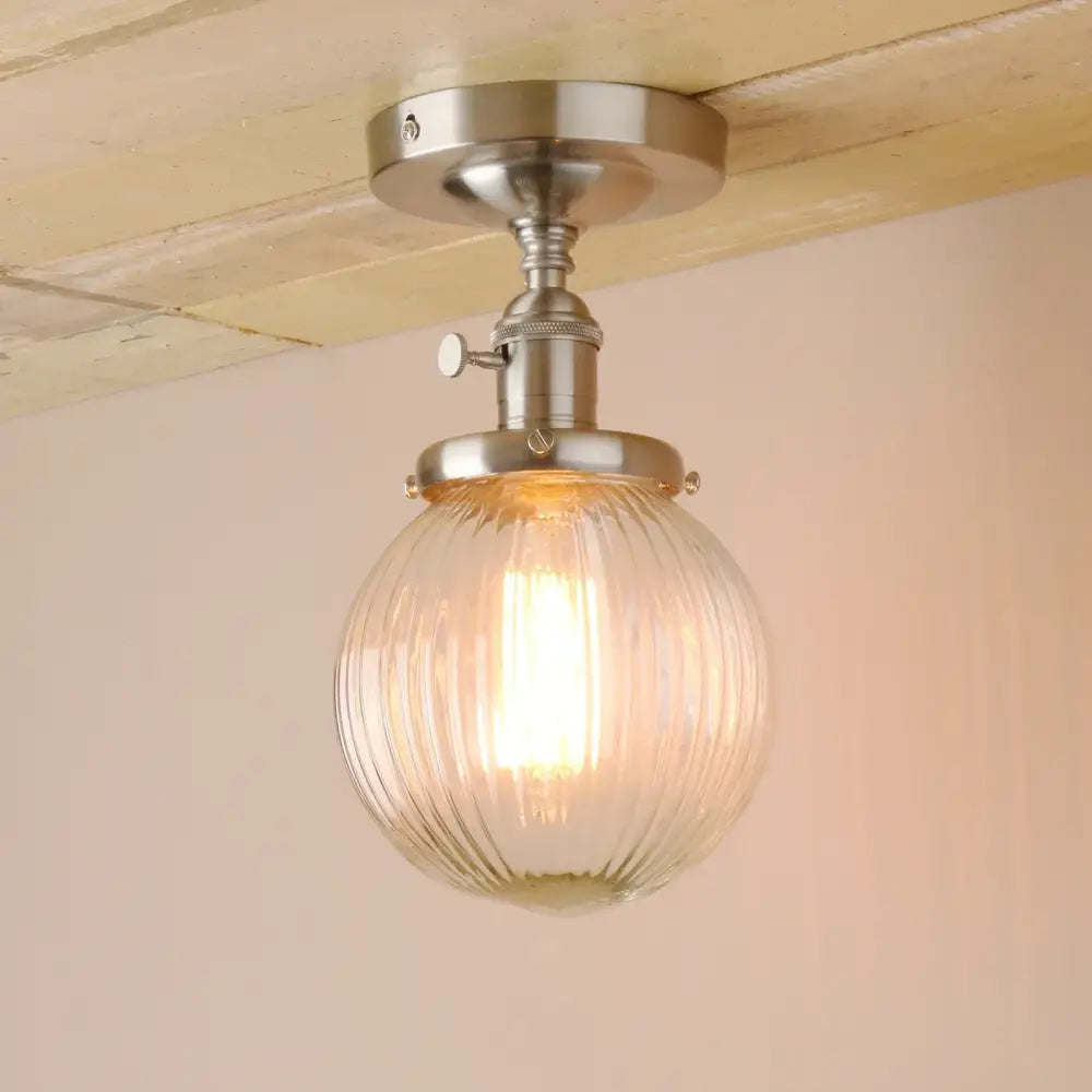 Vintage dark bronze semi flush mount ceiling light with ribbed glass globe for bedroom lighting