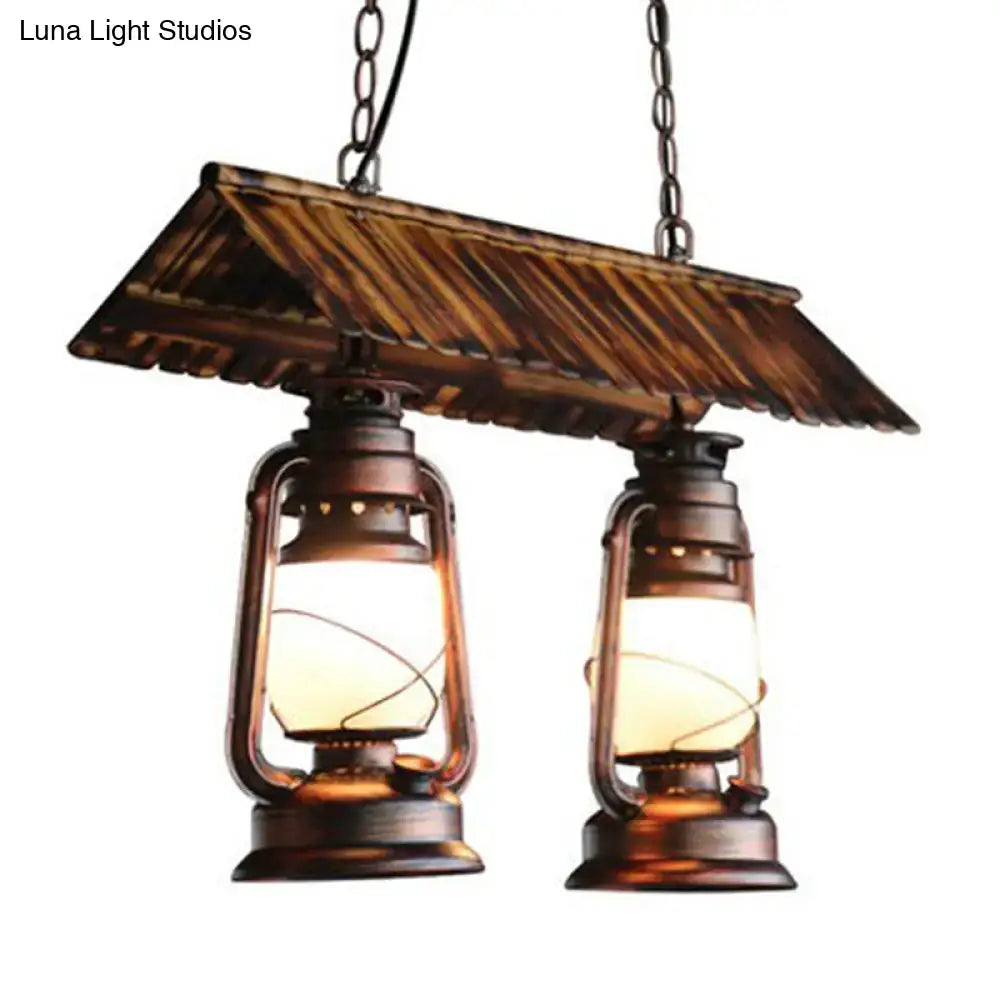 Rustic dark brown metal island light pendant with a thatched roof design suitable for led incandescent fluorescent bulbs