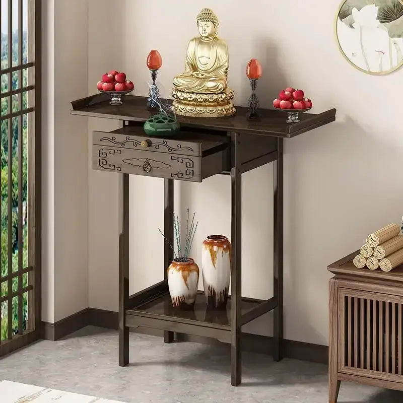 Vintage dark wood bamboo console table with drawer and ornate carvings holding ceramic vases for living room decorbites console table