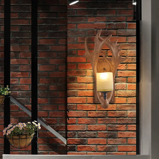 Vintage Deer Horn Wall Lamp with Cylinder Beige Glass Shade for Restaurants