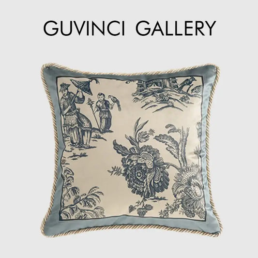 Square cushion cover with cream delft blue toile pattern featuring figures and birds, light blue satin border, rope trim decorbites delft blue