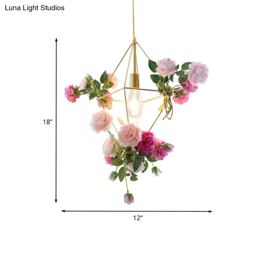 Vintage Diamond Cage Pendant Light Kit - 14"/18" H, 1-Light Metal Hanging Lamp in Gold with Faux Flower