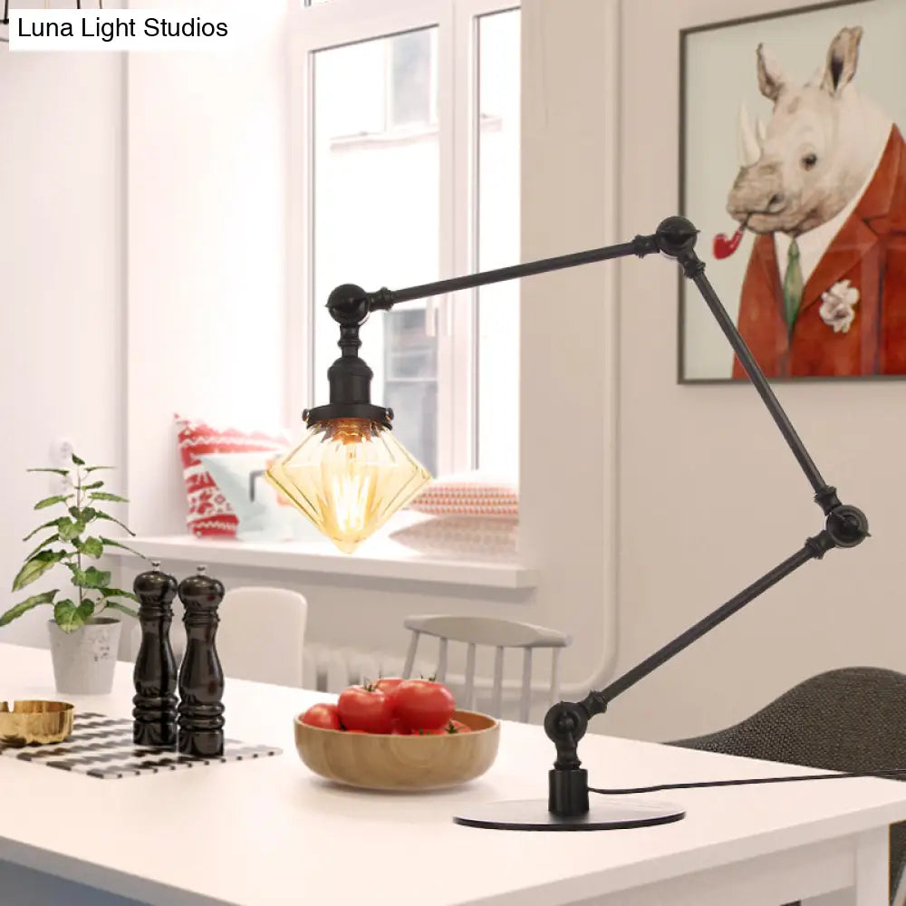 Vintage Diamond Shade Table Lamp: Amber/Clear Glass, Adjustable Arm - Black/Brass