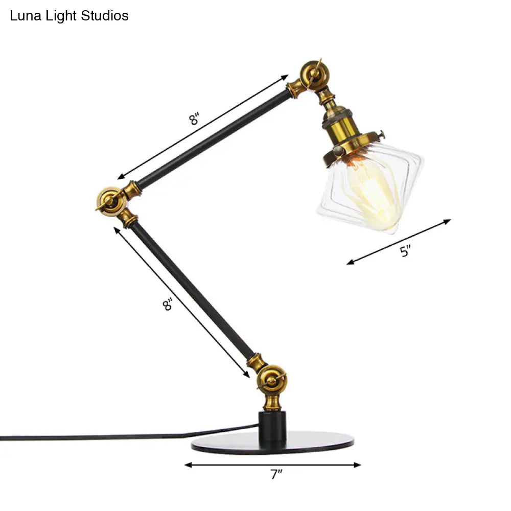 Vintage Diamond Shade Table Lamp: Amber/Clear Glass, Adjustable Arm - Black/Brass