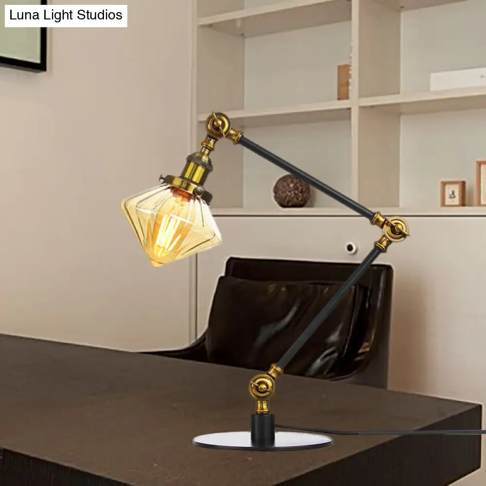 Vintage Diamond Shade Table Lamp: Amber/Clear Glass, Adjustable Arm - Black/Brass