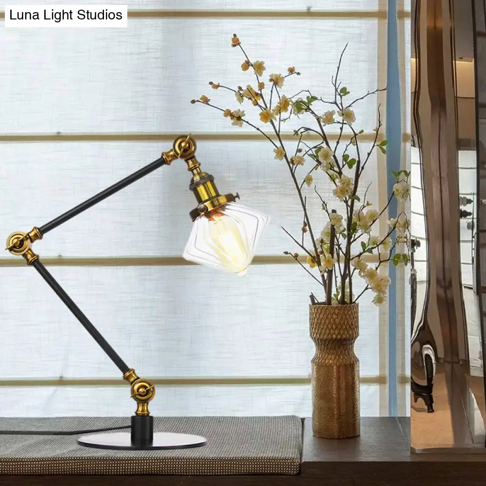 Vintage Diamond Shade Table Lamp: Amber/Clear Glass, Adjustable Arm - Black/Brass