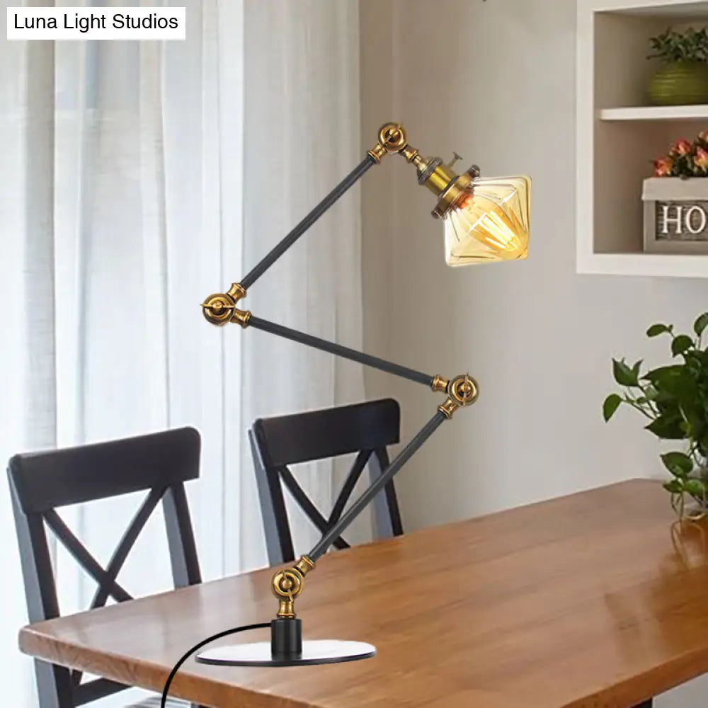 Vintage Diamond Shade Table Lamp: Amber/Clear Glass, Adjustable Arm - Black/Brass