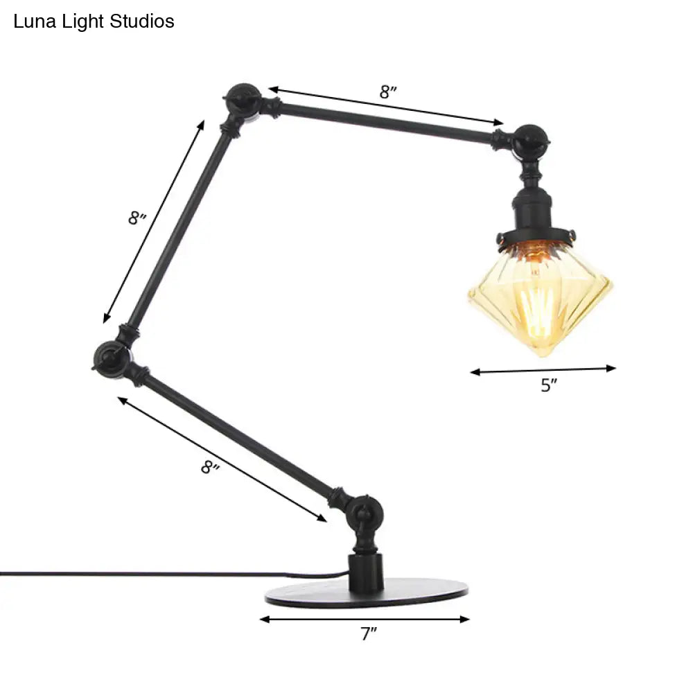 Vintage Diamond Shade Table Lamp: Amber/Clear Glass, Adjustable Arm - Black/Brass