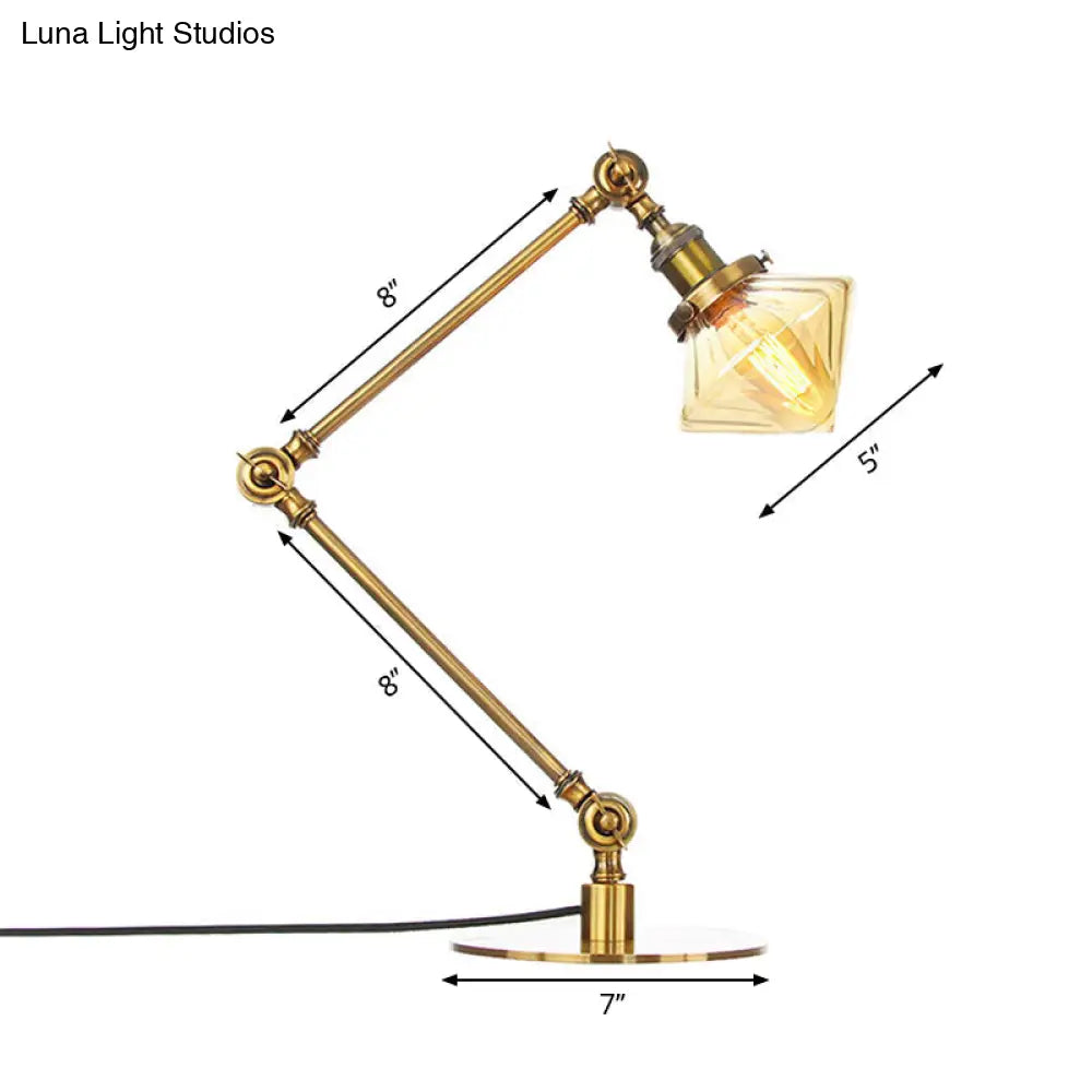 Vintage Diamond Shade Table Lamp: Amber/Clear Glass, Adjustable Arm - Black/Brass