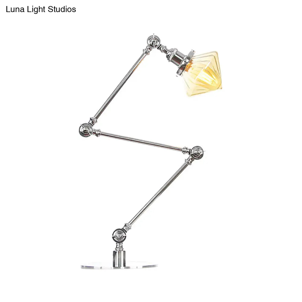 Vintage Diamond Shade Table Lamp: Amber/Clear Glass, Adjustable Arm - Black/Brass