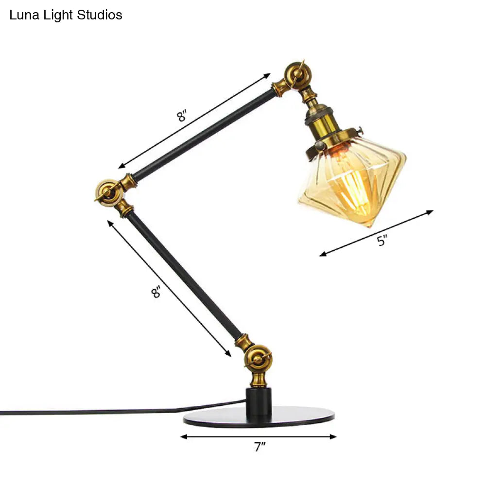 Vintage Diamond Shade Table Lamp: Amber/Clear Glass, Adjustable Arm - Black/Brass